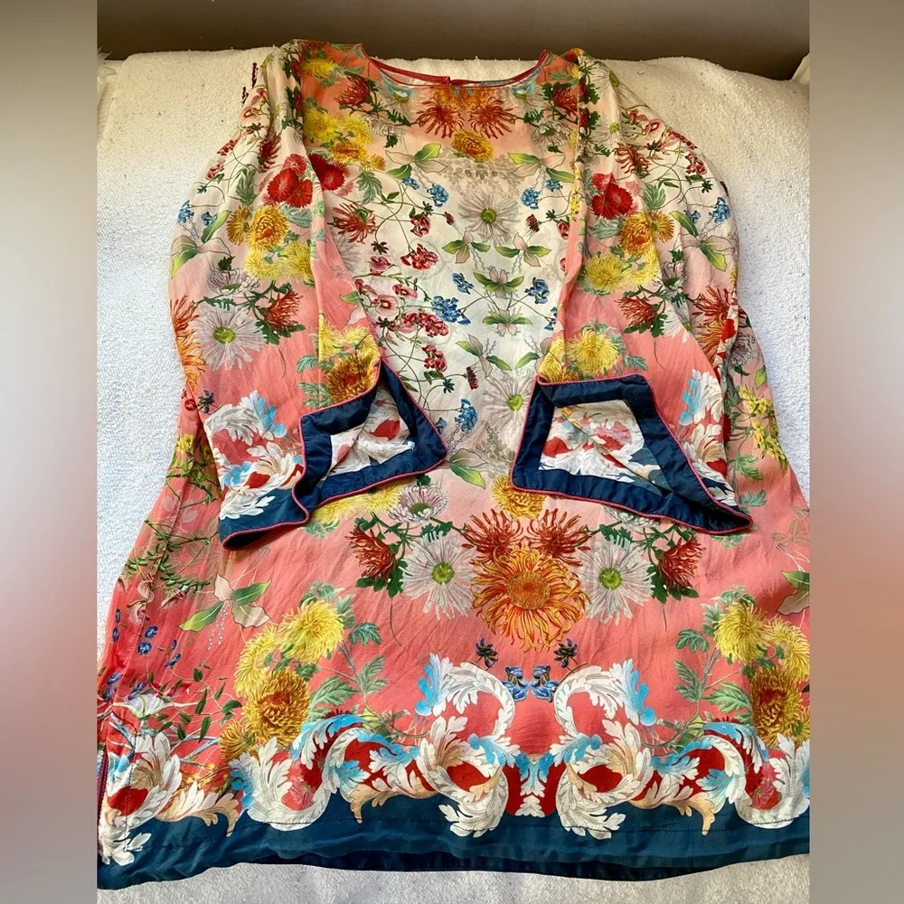 Johnny Was Coral Floral Silk Tunic with Teal & Cream Accents - Picture 8 of 16